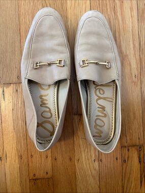 Sam Edelman Cream Leather Loafers with Gold Horsebit